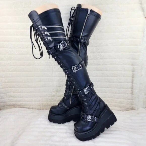 Shaker 420 Black sTRETCH 4.5" Wedge Heel OTK Thigh Boots Skulls Zippers NY DEMON - Picture 13 of 16